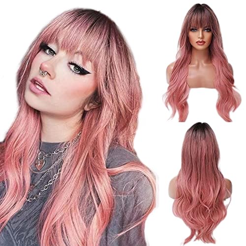 EMMOR Long Ombre Pink Wig for Women  Natural Curly Hair Synthetic Wigs With Bang Dark Root Party Cosplay Daily Use 2pcs Free Wig Cap
