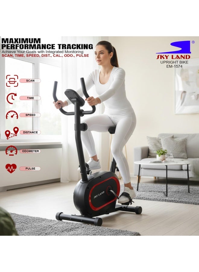 سكاي لاند دراجة تمارين سكاي لاند العمودية EM-1574، مقاومة مغناطيسية بثمانية مستويات، دولاب موازنة بوزن 4 كجم، مستشعرات نبض، شاشة LCD، حامل تابلت، تطبيق F S | دراجة تمارين منزلية لتمارين القلب ولياقة الجسم الكاملة، سعة 100 كجم - Image 4