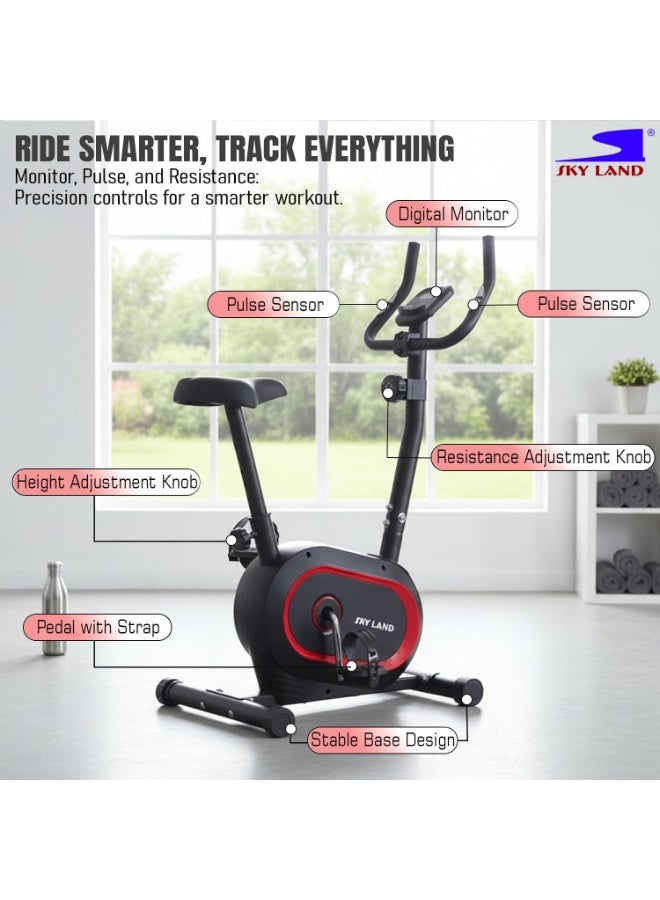 سكاي لاند دراجة تمارين سكاي لاند العمودية EM-1574، مقاومة مغناطيسية بثمانية مستويات، دولاب موازنة بوزن 4 كجم، مستشعرات نبض، شاشة LCD، حامل تابلت، تطبيق F S | دراجة تمارين منزلية لتمارين القلب ولياقة الجسم الكاملة، سعة 100 كجم - Image 5