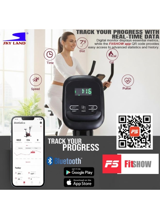 سكاي لاند دراجة تمارين سكاي لاند العمودية EM-1574، مقاومة مغناطيسية بثمانية مستويات، دولاب موازنة بوزن 4 كجم، مستشعرات نبض، شاشة LCD، حامل تابلت، تطبيق F S | دراجة تمارين منزلية لتمارين القلب ولياقة الجسم الكاملة، سعة 100 كجم - Image 2