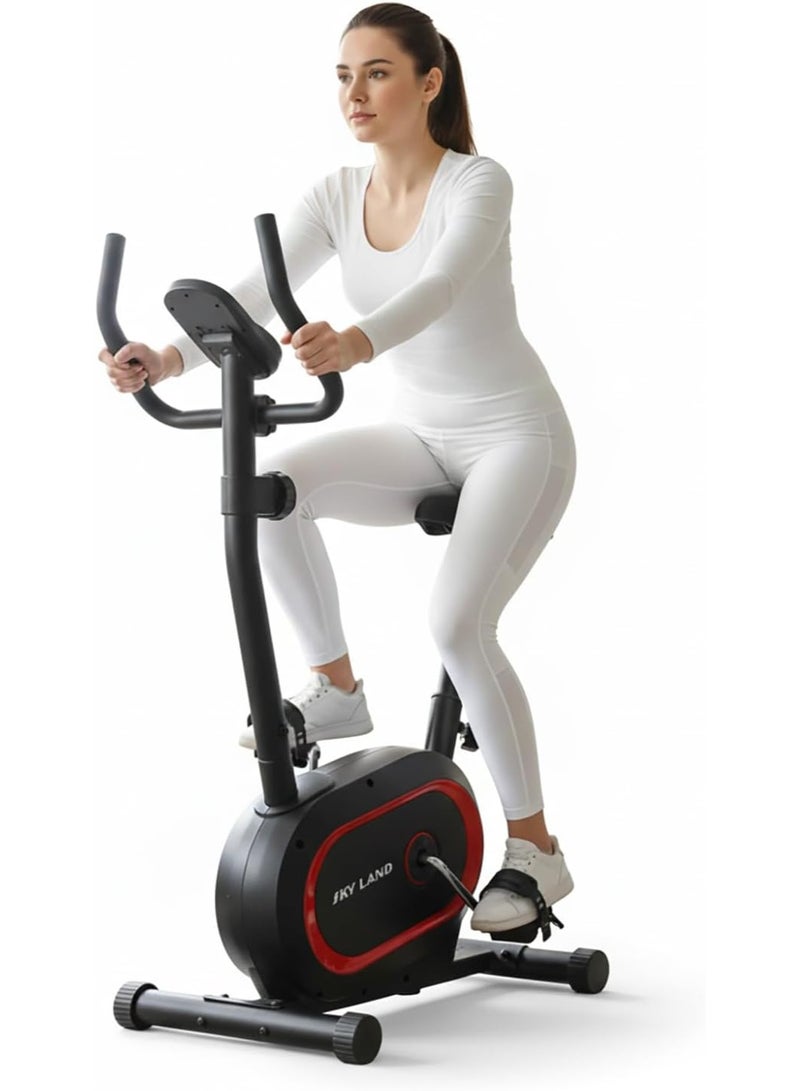 سكاي لاند دراجة تمارين سكاي لاند العمودية EM-1574، مقاومة مغناطيسية بثمانية مستويات، دولاب موازنة بوزن 4 كجم، مستشعرات نبض، شاشة LCD، حامل تابلت، تطبيق F S | دراجة تمارين منزلية لتمارين القلب ولياقة الجسم الكاملة، سعة 100 كجم - Image 1