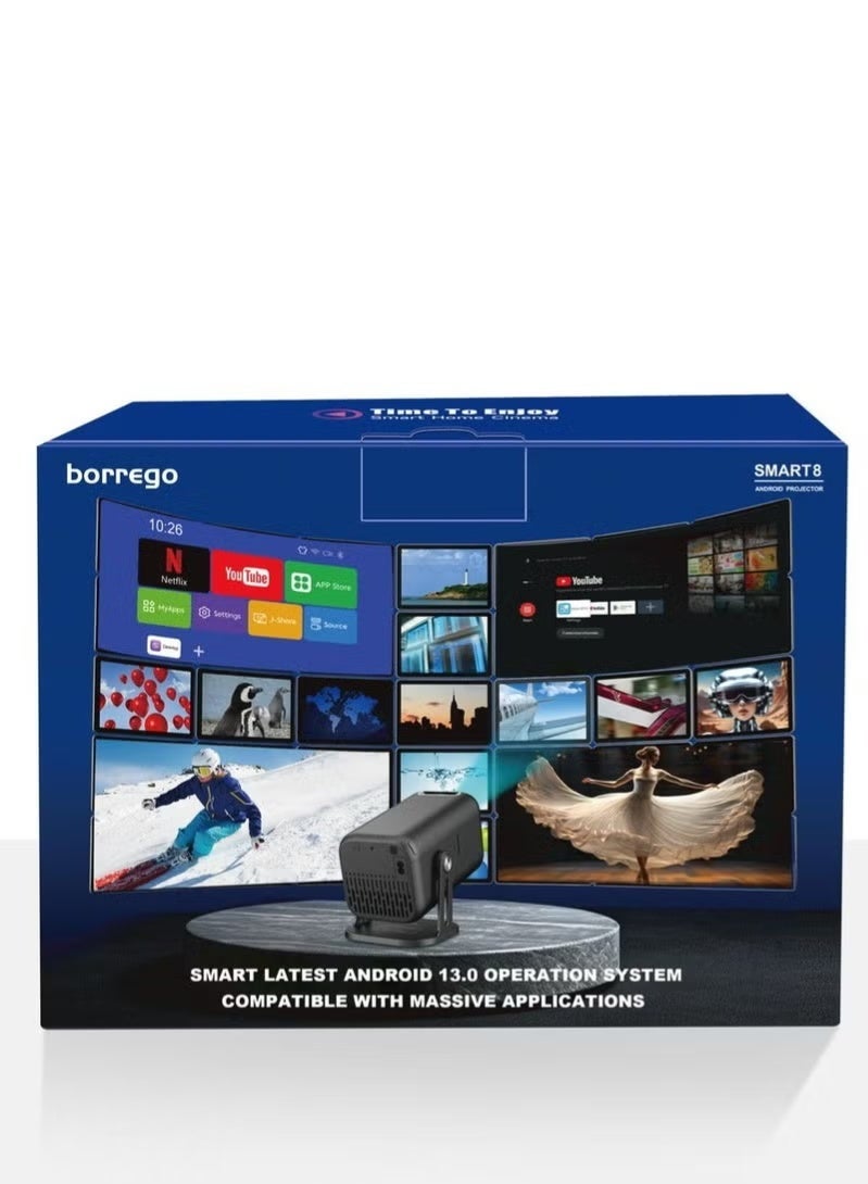 borrego Smart8 Projector with Auto Keystone, 200-Inch Screen, Android 13, Auto Focus, 300 ANSI Lumens, Portable Home Theater Projector for Movies, Gaming, and Presentations - Image 4