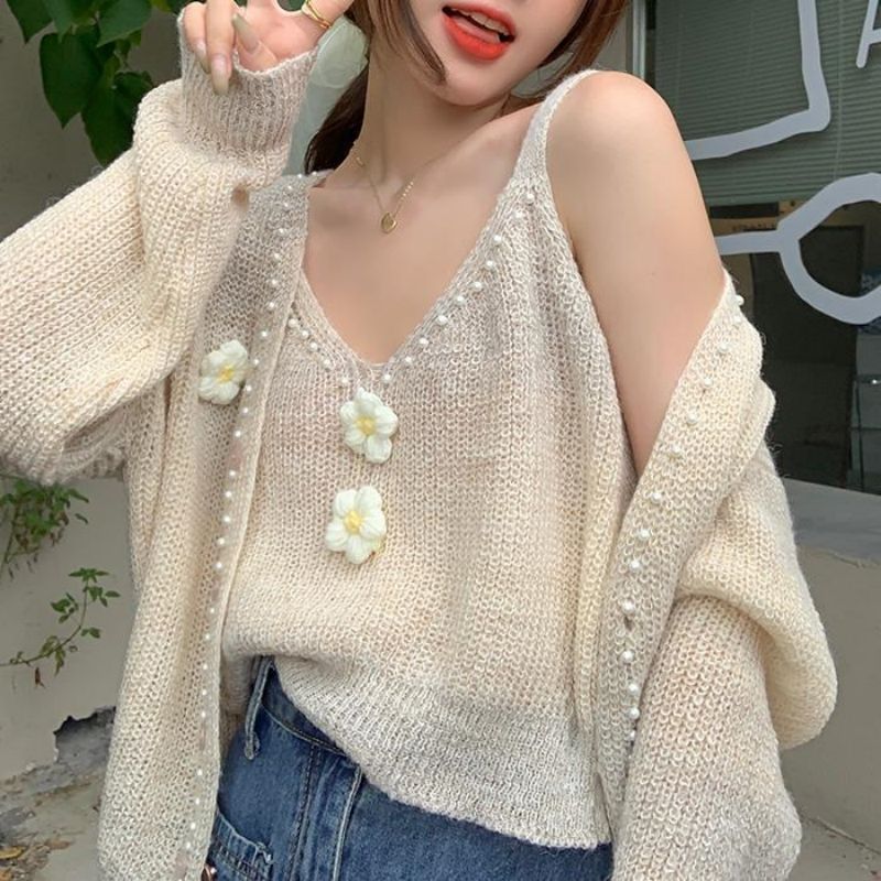 Spring Suit Sweater Korean Solid Color Sweet Flower Knitted Cardigan + Three-dimensional Flower Small Sling Two-piece Set for Women Pink YY9775/B151 - Image 5