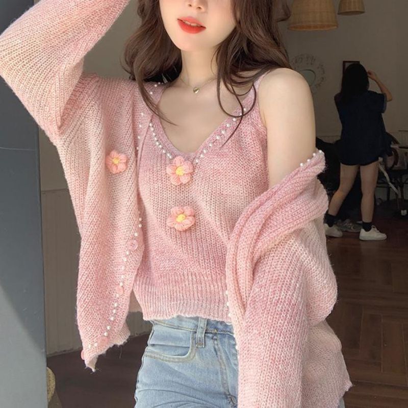 Spring Suit Sweater Korean Solid Color Sweet Flower Knitted Cardigan + Three-dimensional Flower Small Sling Two-piece Set for Women Pink YY9775/B151 - Image 2