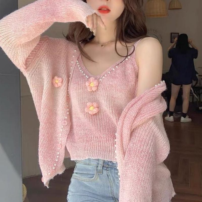 Spring Suit Sweater Korean Solid Color Sweet Flower Knitted Cardigan + Three-dimensional Flower Small Sling Two-piece Set for Women Pink YY9775/B151 - Image 3