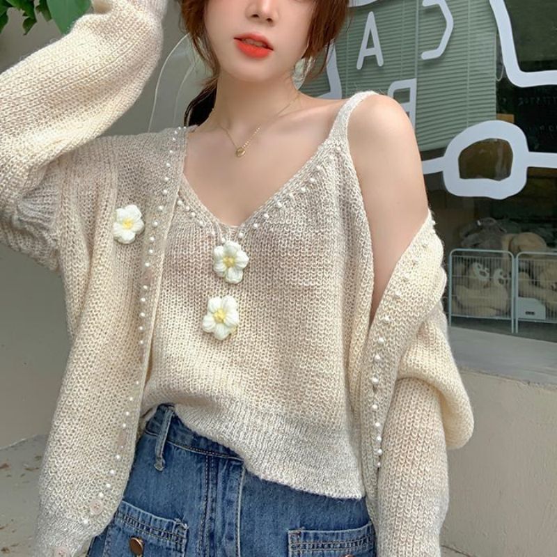 Spring Suit Sweater Korean Solid Color Sweet Flower Knitted Cardigan + Three-dimensional Flower Small Sling Two-piece Set for Women Pink YY9775/B151 - Image 4