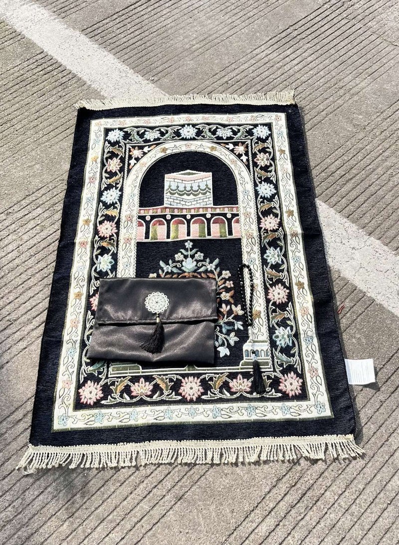 JEEJPV Prayer Blanket and Beads with Elegant Cloth Bag, Thin Lightweight Polyester Prayer Mat, Prayer Blanket, Good for Gift, Prayer 70x110cm Black