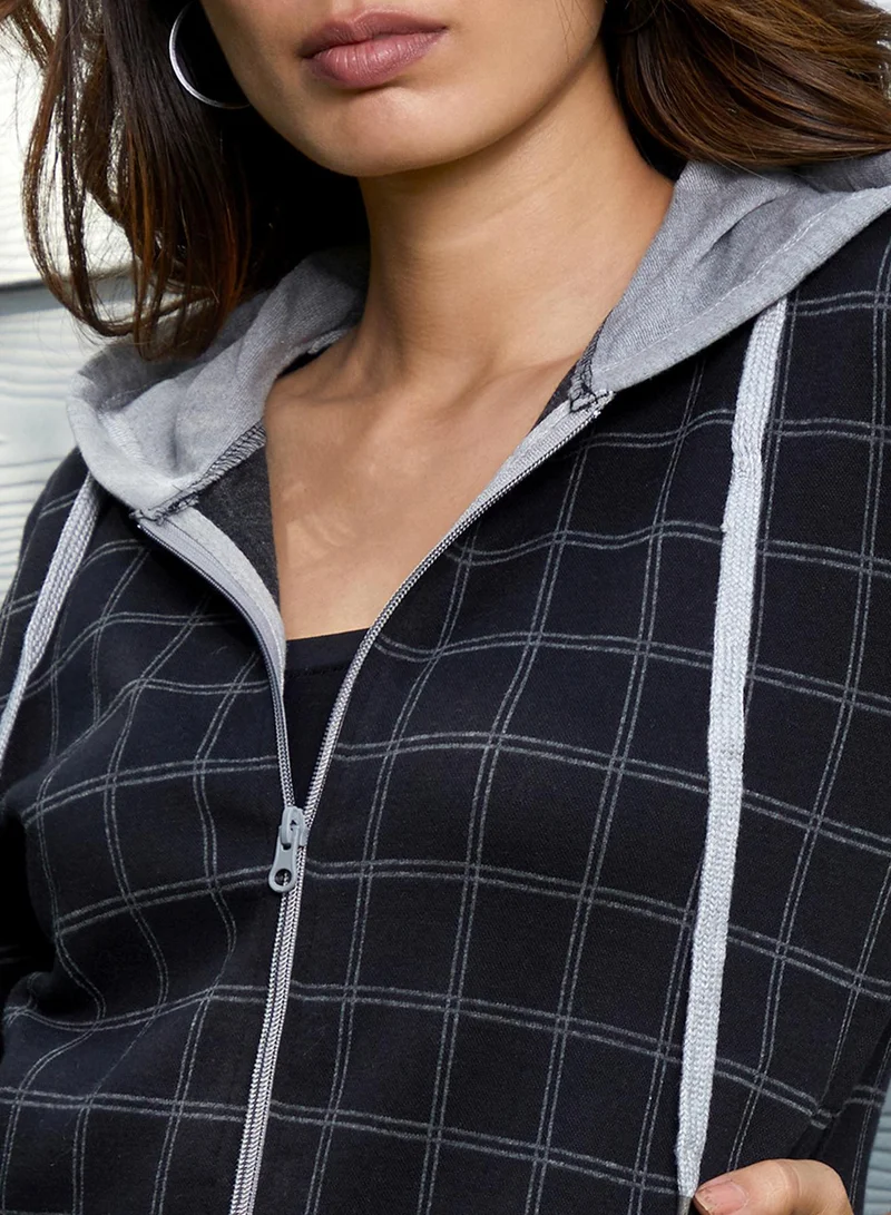 Pinacolada  Women's Midnight Black Zip-Front Graph Check Hoodie for Women | Best Price UAE