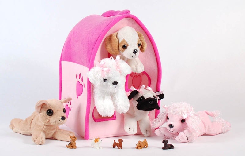 Unipak SFS Gift Bundle  12 Plush Pink Dog House Carrying Case with Five 5 Stuffed Animal Dogs Pink Poodle Pug Chihuahua Beagle and White Terrier  Five Mini Puppy Figures - Image 2