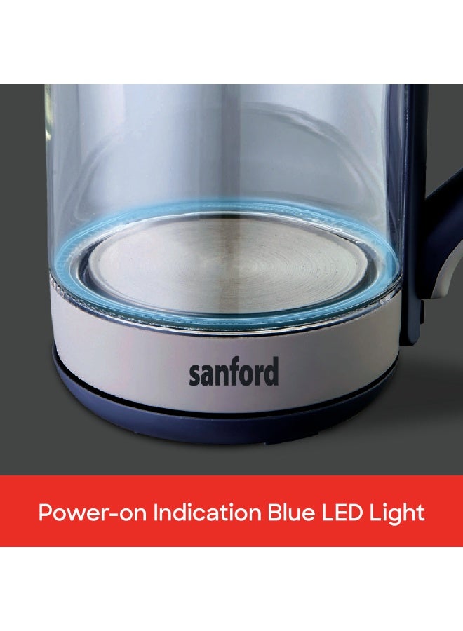 Sanford Electric Glass Kettle 1.8L, Borosilicate Glass Body, Stainless Steel Concealed Element, Auto Shut-off, Boil Dry Protection, Blue LED Light, 360° Cordless 1.8 L 1600 W SF3354EK-1.8L BS Dark Blue/Grey - Image 5