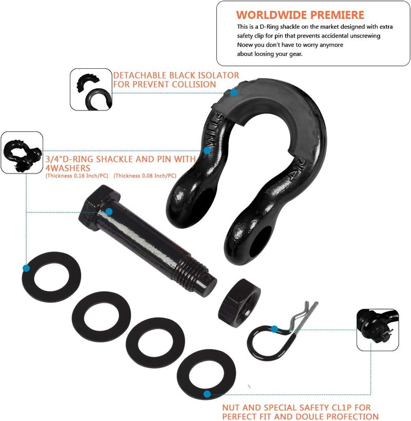 AMBULL Shackles 3/4 Inch D Ring Shackle (2 Pack) 45,000lb Break Strength with 7/8 Inch Pin, Isolator and Washer Kits for Use with Tow Strap, Winch, Off-Road Jeep Truck Vehicle Recovery, Black - Image 5