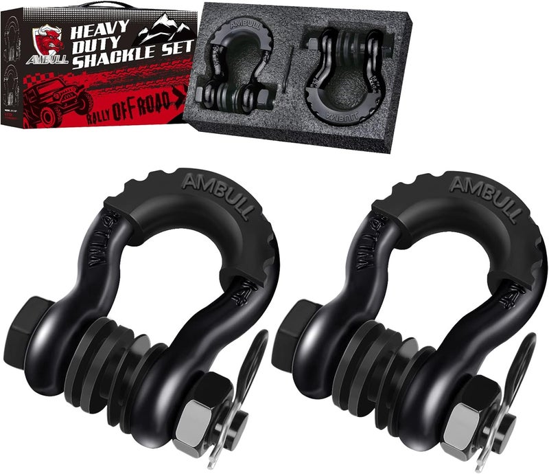 AMBULL Shackles 3/4 Inch D Ring Shackle (2 Pack) 45,000lb Break Strength with 7/8 Inch Pin, Isolator and Washer Kits for Use with Tow Strap, Winch, Off-Road Jeep Truck Vehicle Recovery, Black - Image 1