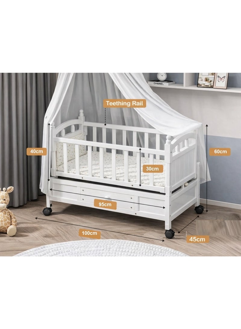 بيبي كارا سرير أطفال خشبي لحديثي الولادة أرجوحة وخزانة ملابس مقاس 95x45 سم لون أبيض - Image 5