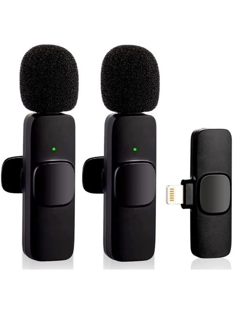 Wireless Microphone for iPhone iPad- Plug-Play Wireless Lavalier Mic with 2 Microphone for Phone Video Recording- Interview- Vlog- Auto Sync and Noise Reduction- 2.4G, Black
