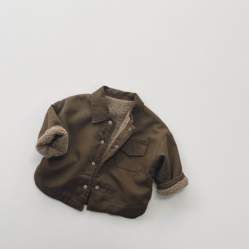Children'S Double-Sided Fleece-Lined Shirt Winter New Men'S And Women'S Baby Korean Style Mori Retro Jacket Warm Top Fashionable - Image 1