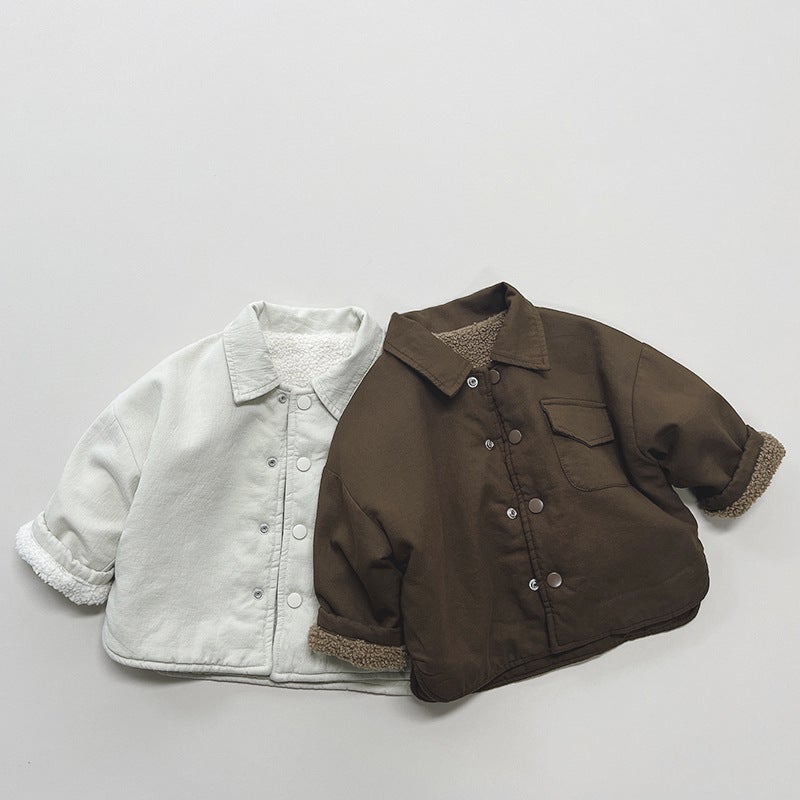 Children'S Double-Sided Fleece-Lined Shirt Winter New Men'S And Women'S Baby Korean Style Mori Retro Jacket Warm Top Fashionable - Image 2