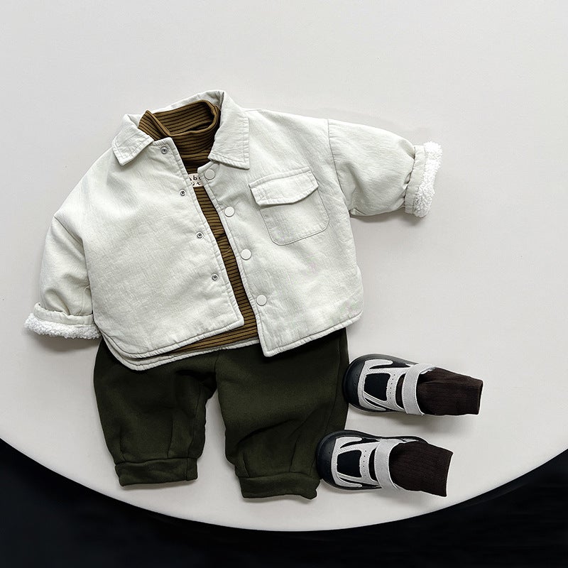 Children'S Double-Sided Fleece-Lined Shirt Winter New Men'S And Women'S Baby Korean Style Mori Retro Jacket Warm Top Fashionable - Image 3