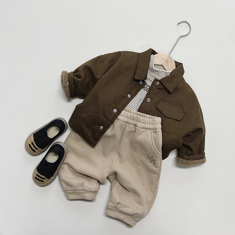 Children'S Double-Sided Fleece-Lined Shirt Winter New Men'S And Women'S Baby Korean Style Mori Retro Jacket Warm Top Fashionable - Image 4
