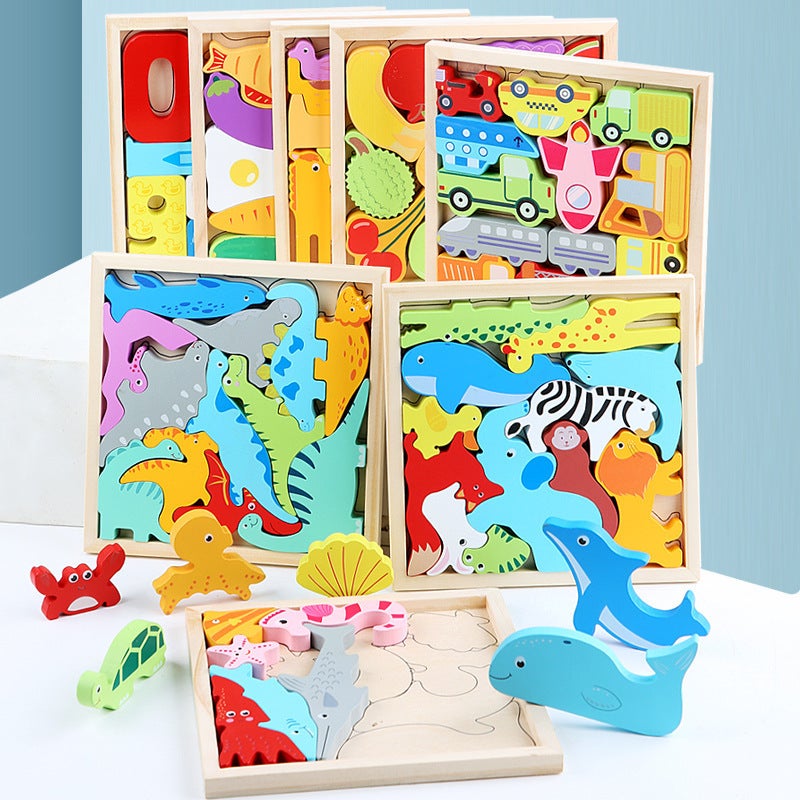 Children'S Cartoon Animal Creative Wooden Three-Dimensional Jigsaw Puzzle Animal Hand-Scratch Puzzle Building Blocks Traffic Puzzle - Image 2
