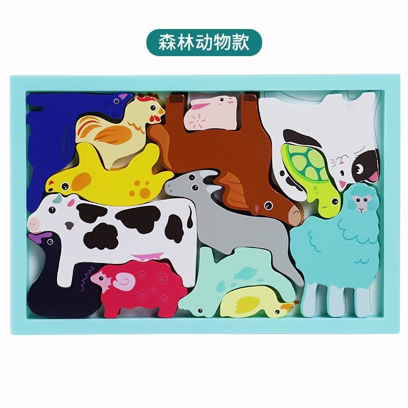 Children'S Cartoon Animal Creative Wooden Three-Dimensional Jigsaw Puzzle Animal Hand-Scratch Puzzle Building Blocks Traffic Puzzle - Image 1