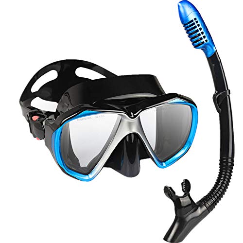 Adult Snorkel Set Professional Snorkeling Gear Panoramic AntiFog Diving Goggles and Dry Snorkel Tempered Glass Scuba Mask for Diving Snorkeling and Swimming BlueSilver Set