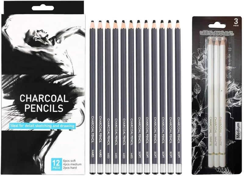 Generic ARTISTERY Charcoal Pencils Drawing Set - 12 Pieces Soft Medium and Hard for Drawing, Sketching, Shading, Artist Pencils With 3 Pcs White Medium Charcoal Pencil For Art Drawing, Sketching Art Set  - Image 1