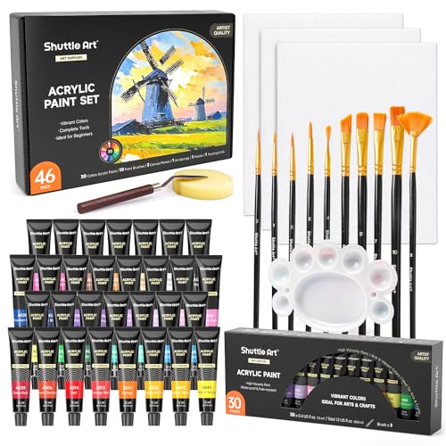 Shuttle Art 46 Pack Acrylic Paint Set 30 Colors Acrylic Paint with 10 Brushes 3 Canvas 1 Knife Palette Sponge Complete Painting Set for Kids Adults Beginners Painting Wood Ceramic - Image 1