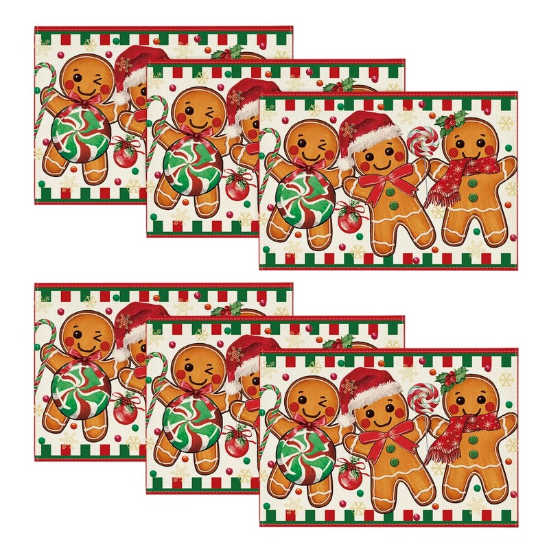 Artoid Mode Gingerbread Candy Cane Christmas Placemats Set of 6 12x18 Inch Seasonal Table Mats for Party Kitchen Dining Decoration