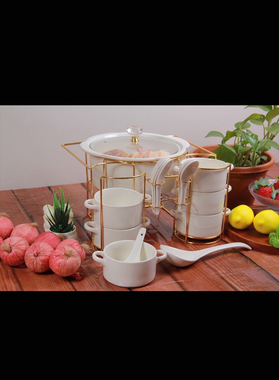 A set of soup utensils, bowls and spoons with stand, ideal for lovers of taste and occasions, a sophisticated royal touch.