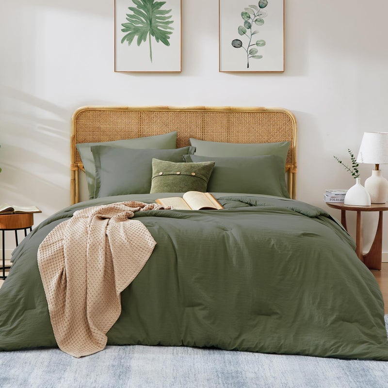 WRENSONGE Full Size Comforter Sets 7 Pieces Olive Green Bed in a Bag with Fitted Sheet Flat Sheet 2 Pillow Shams 2 Pillowcases Warm Bedding Sets for All Season