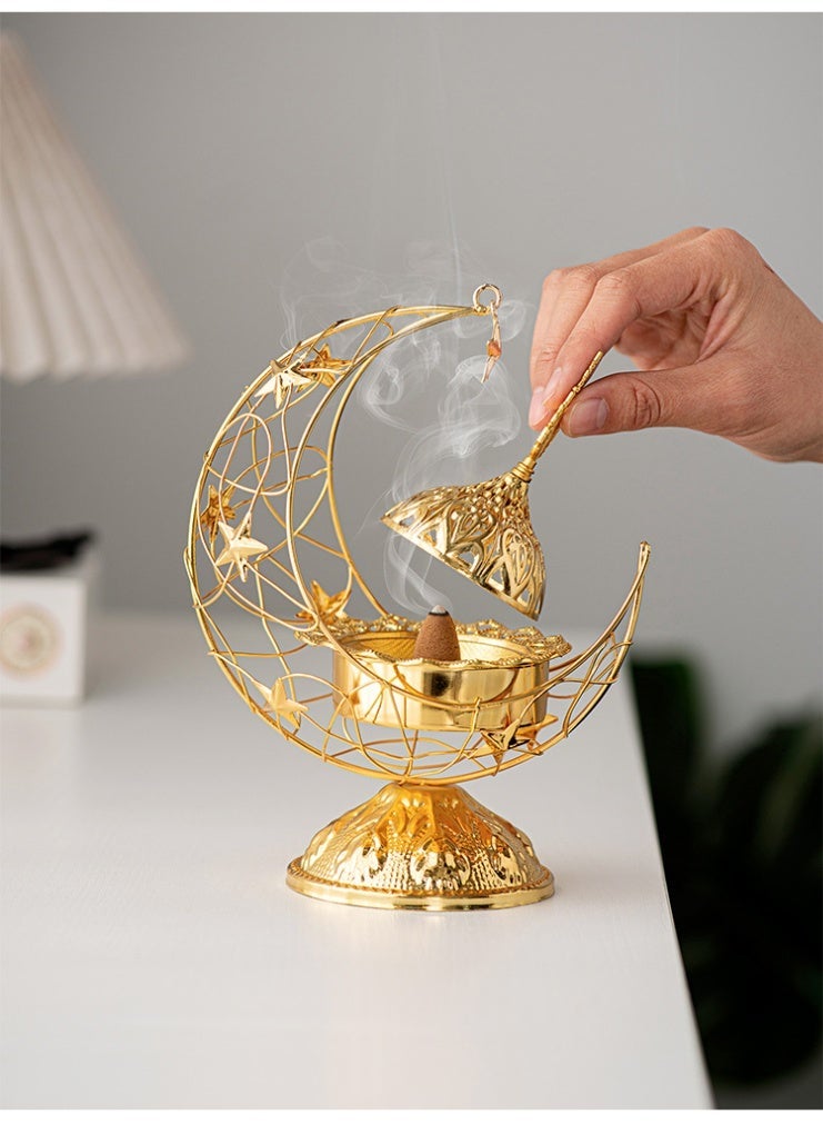 Handheld Crescent Moon Metal Incense Burner, Black & Gold Tabletop Aromatherapy Ornament with Handle and Base - Image 4