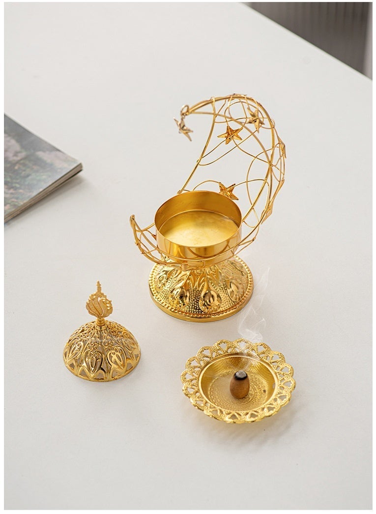 Handheld Crescent Moon Metal Incense Burner, Black & Gold Tabletop Aromatherapy Ornament with Handle and Base - Image 5