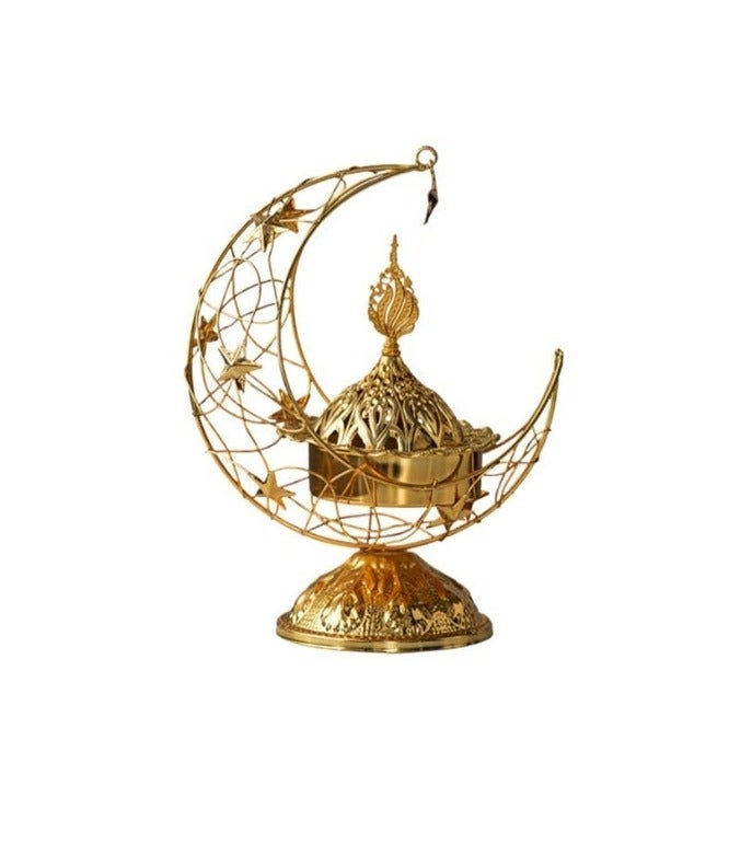 Handheld Crescent Moon Metal Incense Burner, Black & Gold Tabletop Aromatherapy Ornament with Handle and Base - Image 2