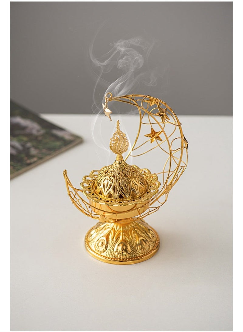 Handheld Crescent Moon Metal Incense Burner, Black & Gold Tabletop Aromatherapy Ornament with Handle and Base - Image 3