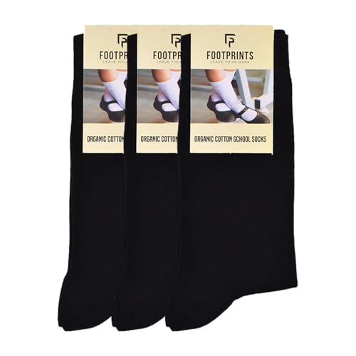 FOOTPRINTS Kids Organic Cotton School Socks - Unisex - Calf length- Pack of 3 (Black)- Extra soft and Breathable (5-8 Years) - Image 1