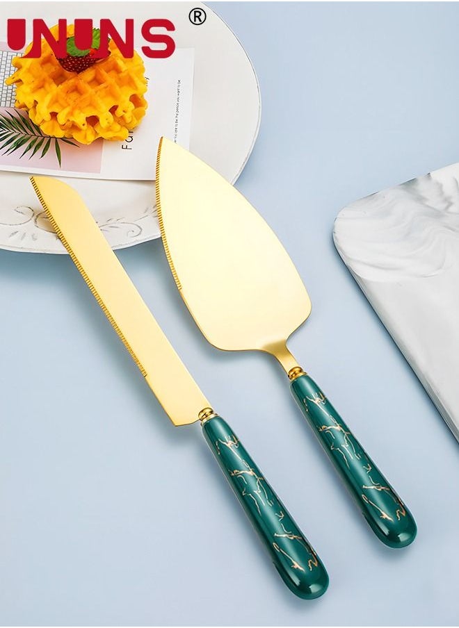 UNUNS - Cake Knife And Server Set,Stainless Steel Golden Cake Cutting Set With Ceramic Handle For Cake Pizza Pie Bread And Dough,Set Of 2 - Image 1