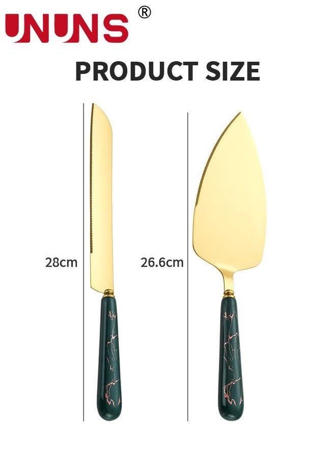 UNUNS - Cake Knife And Server Set,Stainless Steel Golden Cake Cutting Set With Ceramic Handle For Cake Pizza Pie Bread And Dough,Set Of 2 - Image 1
