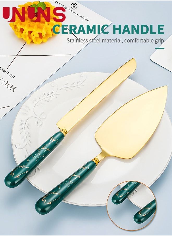 UNUNS - Cake Knife And Server Set,Stainless Steel Golden Cake Cutting Set With Ceramic Handle For Cake Pizza Pie Bread And Dough,Set Of 2 - Image 1