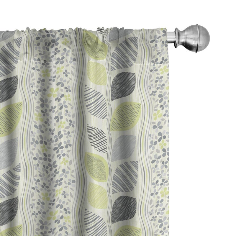 Ambesonne Abstract Curtains  Wavy Vertical Stripes Sketched Leaves and Tiny Flowers  Window Treatments 2 Panel Set for Living Room Bedroom  Pair of - 28"" x 95""  Green Grey - Image 1