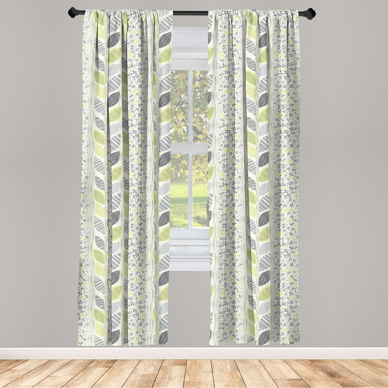 Ambesonne Abstract Curtains  Wavy Vertical Stripes Sketched Leaves and Tiny Flowers  Window Treatments 2 Panel Set for Living Room Bedroom  Pair of - 28"" x 95""  Green Grey - Image 2