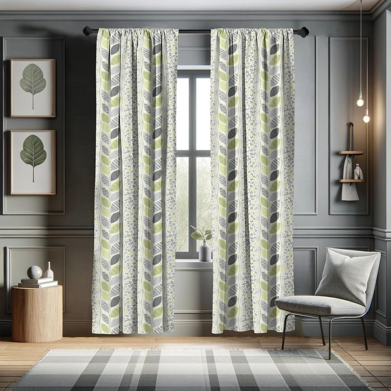 Ambesonne Abstract Curtains  Wavy Vertical Stripes Sketched Leaves and Tiny Flowers  Window Treatments 2 Panel Set for Living Room Bedroom  Pair of - 28"" x 95""  Green Grey - Image 5