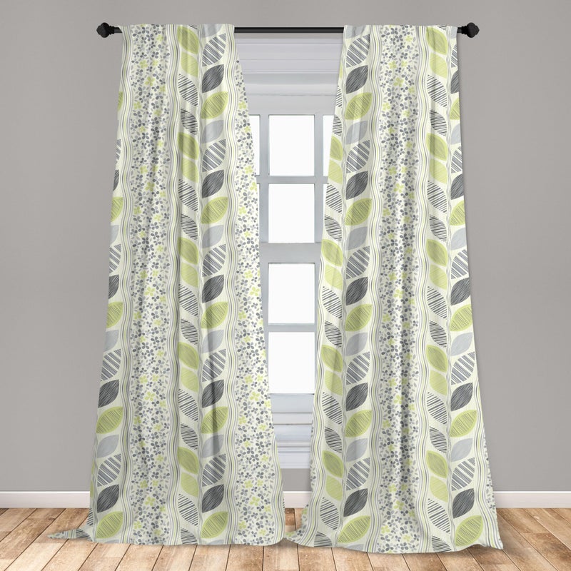 Ambesonne Abstract Curtains  Wavy Vertical Stripes Sketched Leaves and Tiny Flowers  Window Treatments 2 Panel Set for Living Room Bedroom  Pair of - 28"" x 95""  Green Grey - Image 3