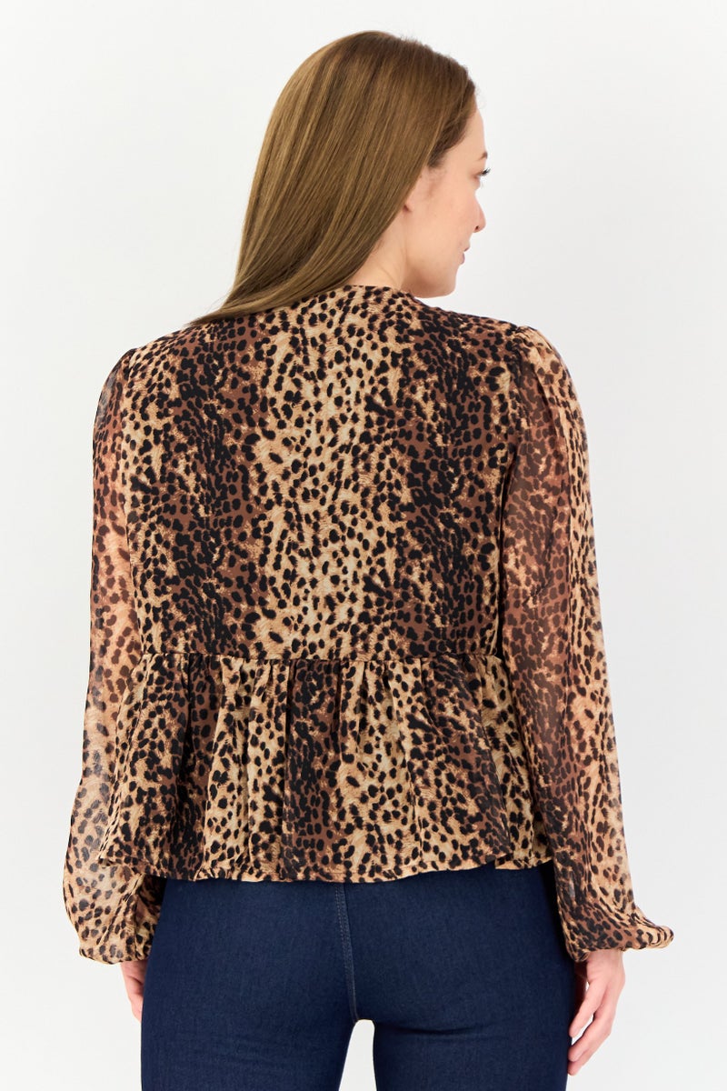 Threadbare Women Tie Neck Long Sleeve Animal Print Blouse, Multicolor - Image 3