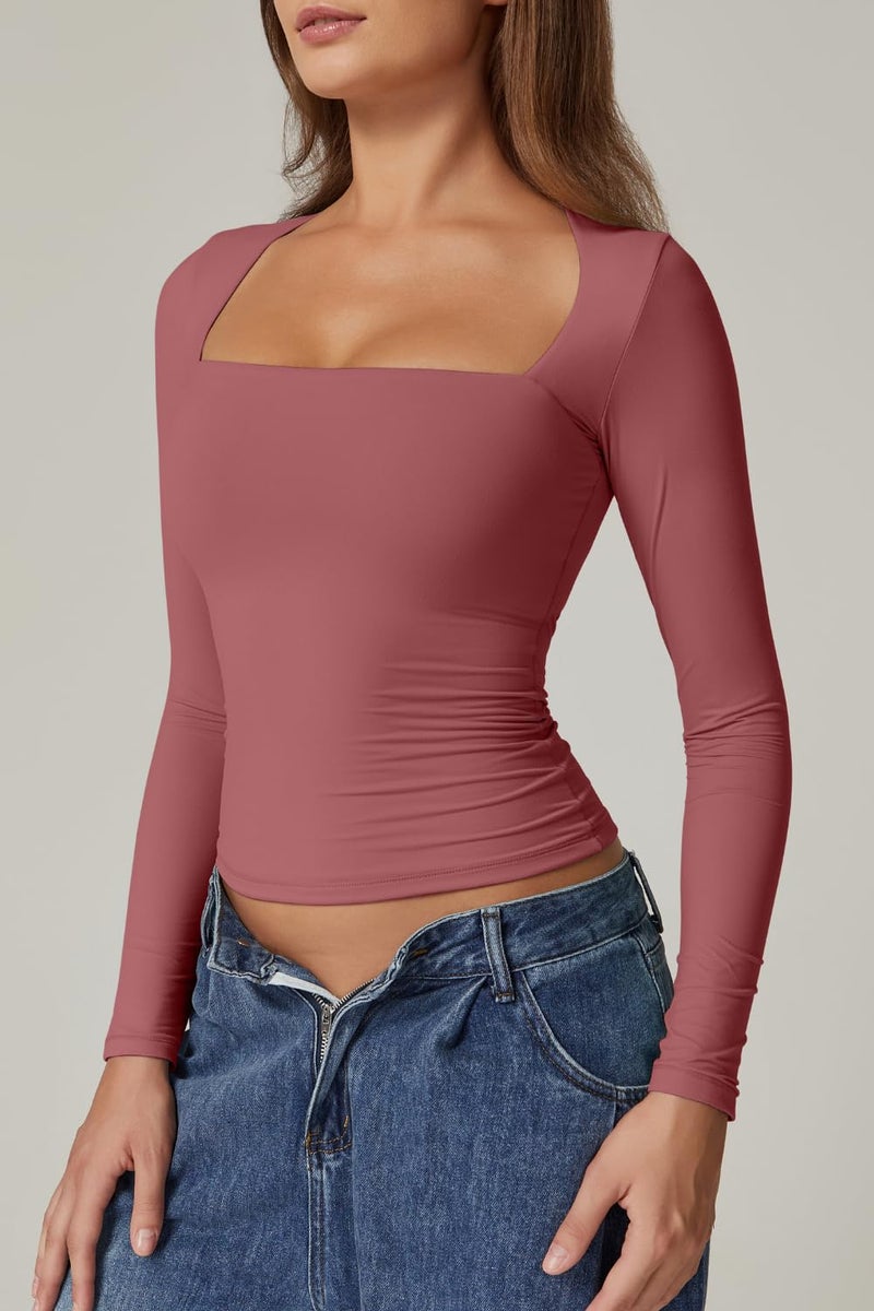 QINSEN Going Out Tops for Women Cropped Long Sleeve Tee Shirt Fitted Square Neck Fall Tops Merlot XS - Image 4