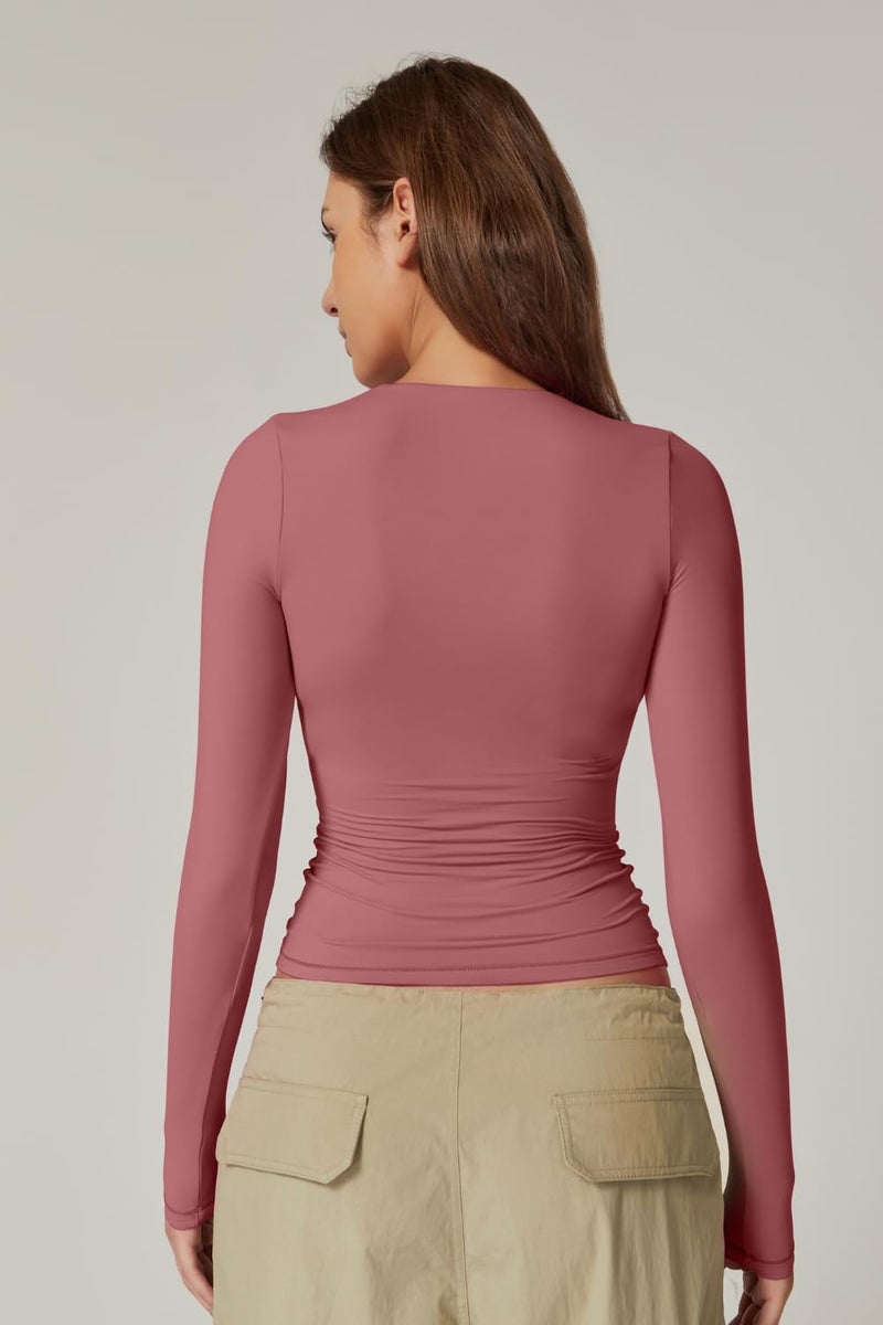 QINSEN Going Out Tops for Women Cropped Long Sleeve Tee Shirt Fitted Square Neck Fall Tops Merlot XS - Image 2