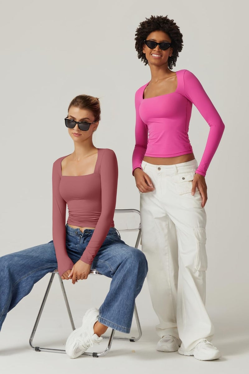 QINSEN Going Out Tops for Women Cropped Long Sleeve Tee Shirt Fitted Square Neck Fall Tops Merlot XS - Image 3
