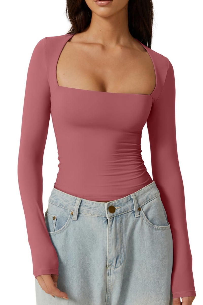 QINSEN Going Out Tops for Women Cropped Long Sleeve Tee Shirt Fitted Square Neck Fall Tops Merlot XS - Image 1