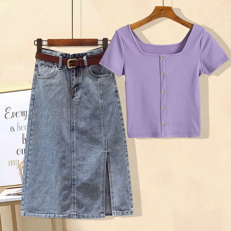 Womens Dress Chubby Girl Summer New Arrival suit Womens Short-Sleeved Top Belly-Covering Slimming Denim dress Two-Piece Set Purple top + denim skirt