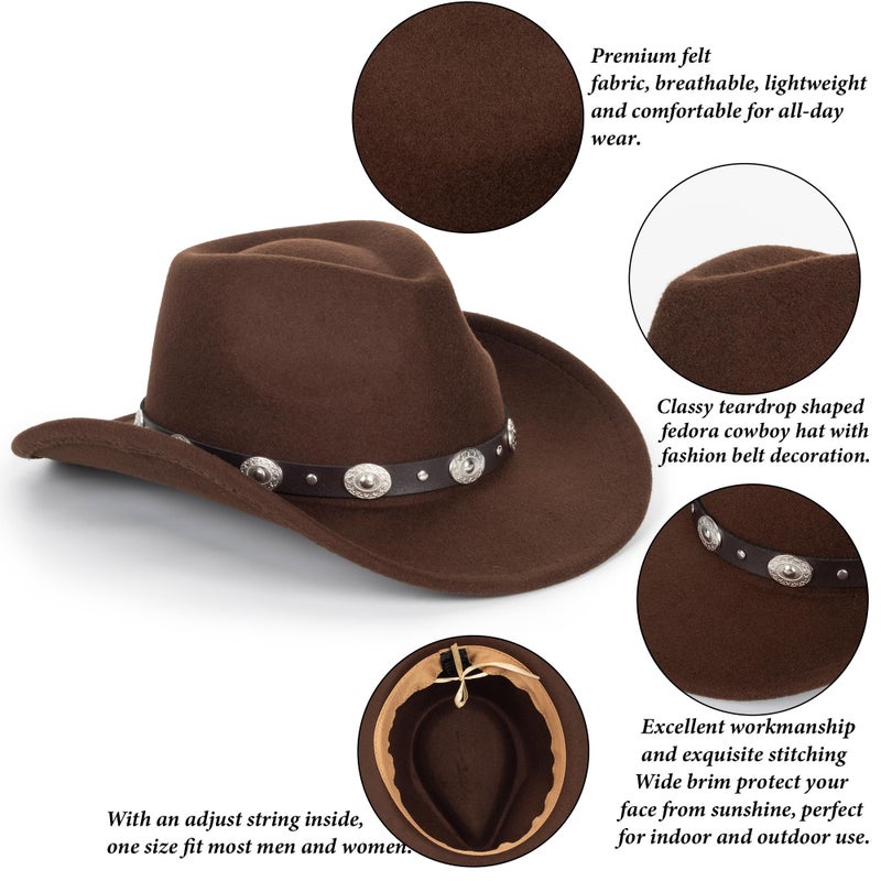 Mealah Women & Men Felt Western Cowboy Hat Classic Roll Up Brim Belt Buckle Cowgirl Fedora (M) Coffee - Image 3