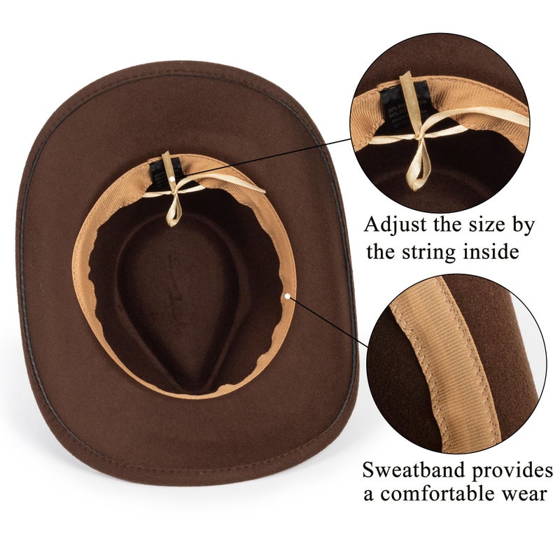 Mealah Women & Men Felt Western Cowboy Hat Classic Roll Up Brim Belt Buckle Cowgirl Fedora (M) Coffee - Image 4